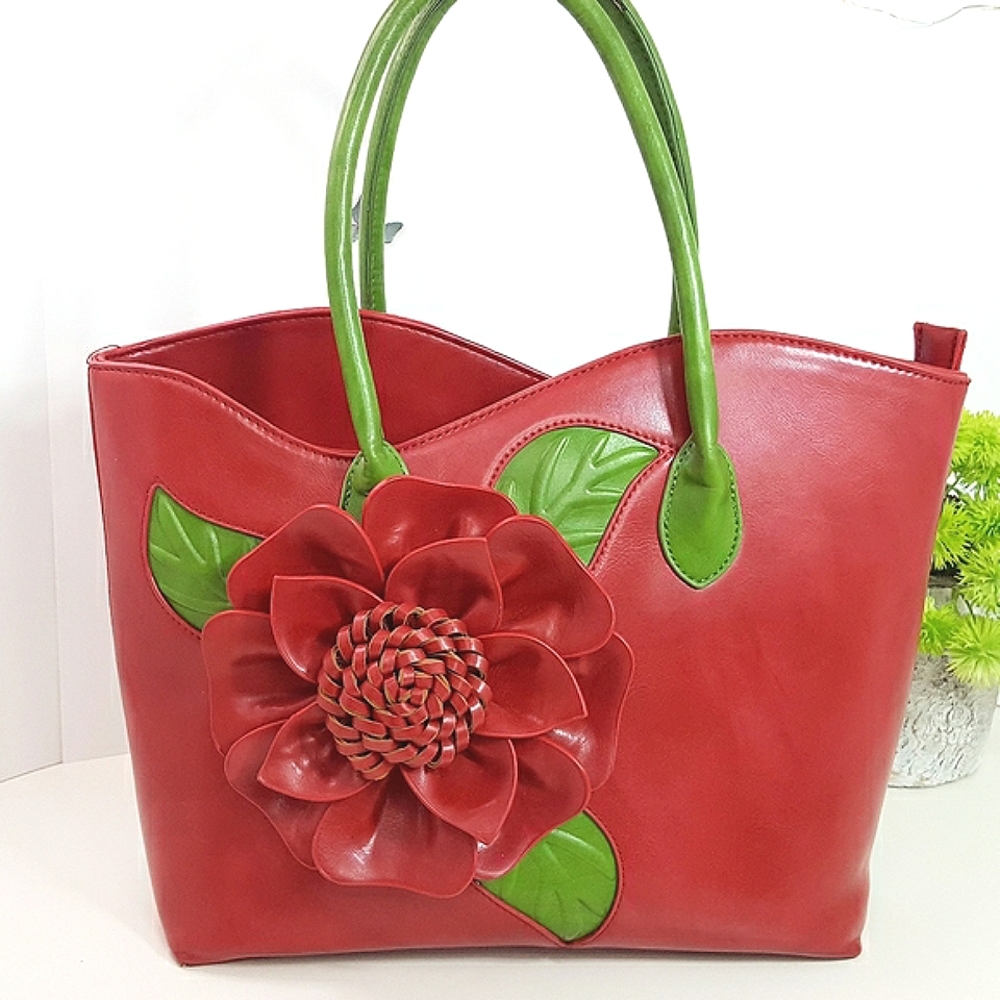 Floral🌺Tote HandBag| Red Green|3D Embossed|Vegan
